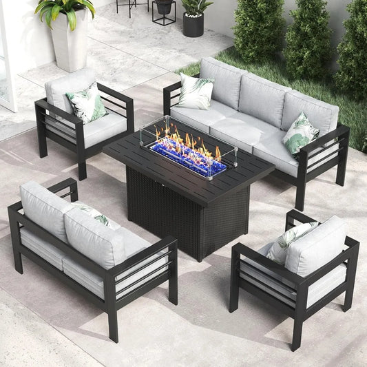Aluminum Furniture Set with Fire Pit Table, Patio Sectional Conversation Chat Sofa Modern Seating Set