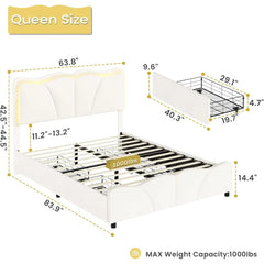 MSmask Queen Bed Frame with 4 Storage Drawers and LED Lights, Velvet Upholstered Platform Bed Frame with Height Adjustable Headb