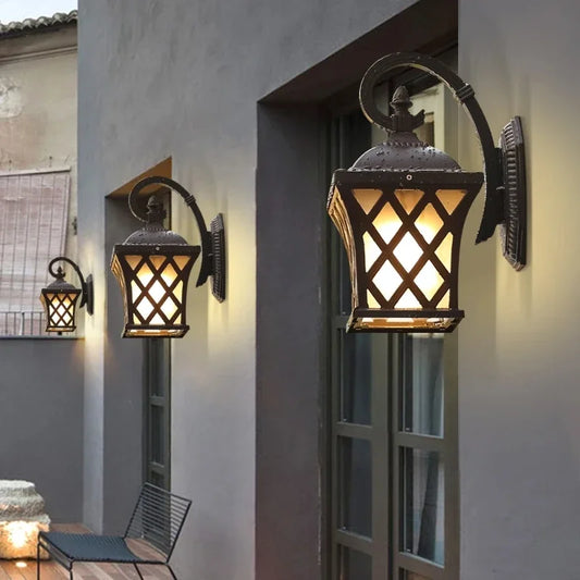 2024 Outdoor Wall Light Fixtures Vintage Porch Lamp Retro Sconce Black+Glass for Villa Balcony Aisle Garden Exterior Lighting