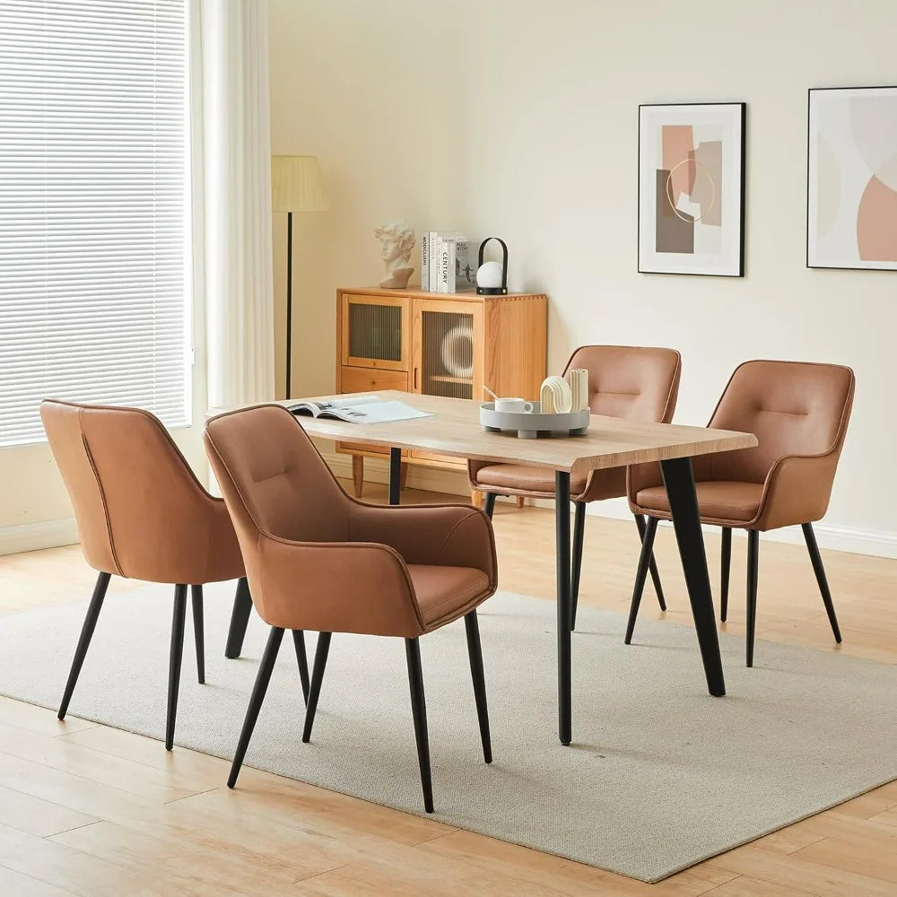 Set of 4 Modern Upholstered Dining Chairs – Brown Faux Leather Accent Chairs with Armrests & Metal Legs