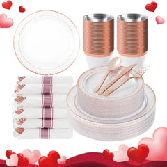 350PCS Clear Plastic Plates with Gold Trim for 50 Guests, Disposable Dinnerware Set for Party & Wedding, Includes 100 Plastic