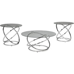 Round 3 Piece Small Table Set, Modern Art Deco, Coffee Table and 2 Side Tables, Chrome, 3 Piece Living Room Side Tables Set