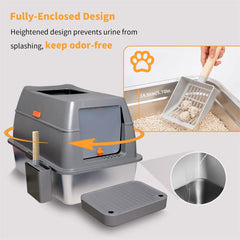 XXL Stainless Steel Cat Litter Box Enclosed Puppy Cat Litter Tray with Lid Large Litter Pan High Wall Side Easy Cleaning Toilet