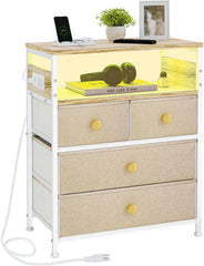 Nightstand with Charging Station, Bedside Table with 4 Drawers and 2-Tier Shelf, Modern End Table with Wooden Top for Bedroom,