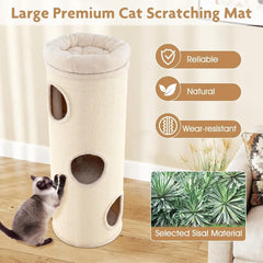 4 Story Cat Tree Condo, 49” Barrel-Shaped Cat House with Detachable Sisal Scratching Board, 3 Hideaways & Removable Soft Top