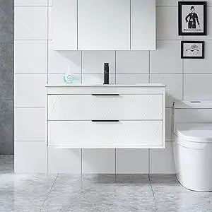 36" Bathroom Vanities Cabinet with Sink Combo, Wall Mounted Floating Cabinet W/Decor Line, Soft-Close System, 2 Extra Big Drawe