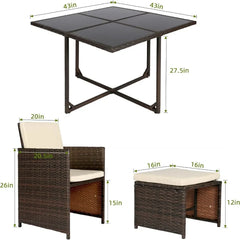 9 Pieces Patio Dining Sets Outdoor Conversation Sets, Space Saving Wicker Chairs with Glass Table and Ottomans,Cushioned Seating