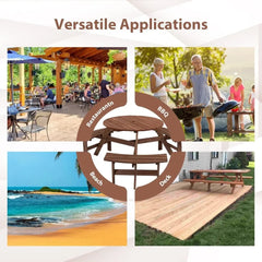 6 Person Outdoor Picnic Table, Round Picnic Table with 3 Built-in Benches, Umbrella Hole,Outside Wood Picnic Table and Bench Set