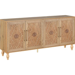 Farmhouse Sideboard Buffet Cabinet Accent Storage Cabinet with 4 Carved Flower Doors and Metal Handless, TV Stand Console Table