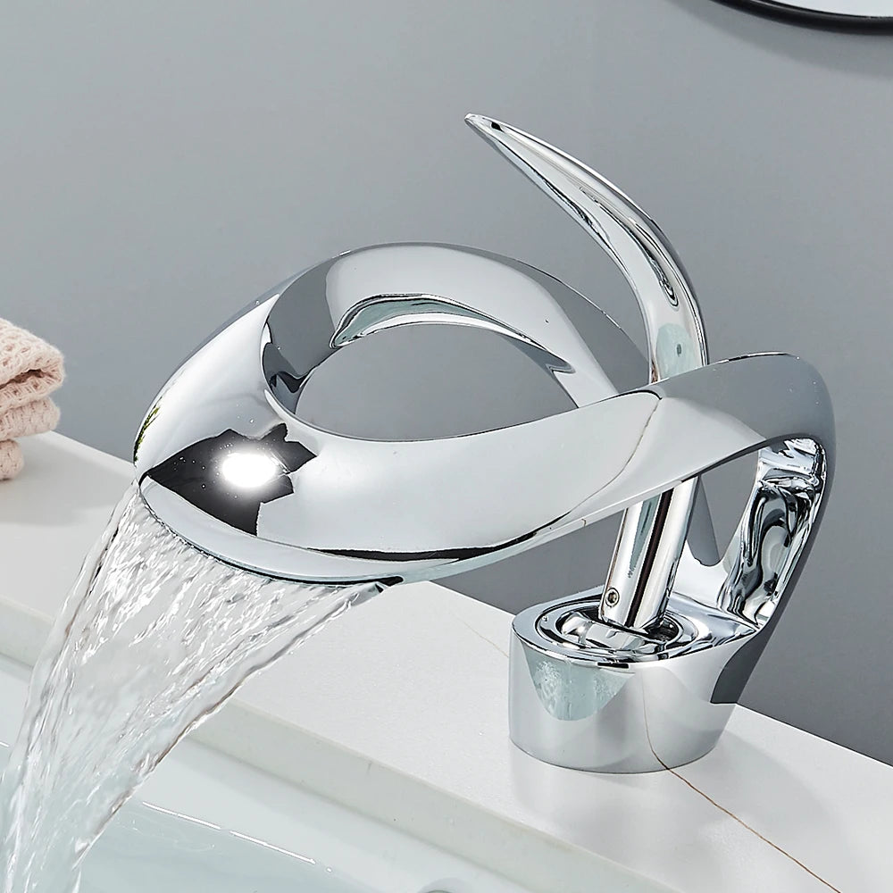 Solid Brass Waterfall Basin Faucet Single Handle Hot Cold Water Mixer Tap For Bathroom Sink