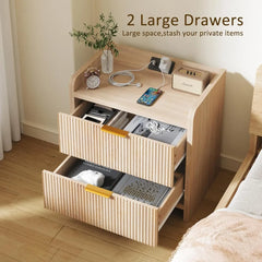 Fluted Nightstand Set of 2, 23.6" Night Stand with Charging Station,Modern Side Table with 2 Drawers,Bedside Table for Bedroom,