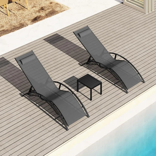 Aluminum Outdoor Chaise Lounge Set of 3,Patio Textilene Lounge Chairs w/Metal Table&Headrest,Sunbathing Recliner