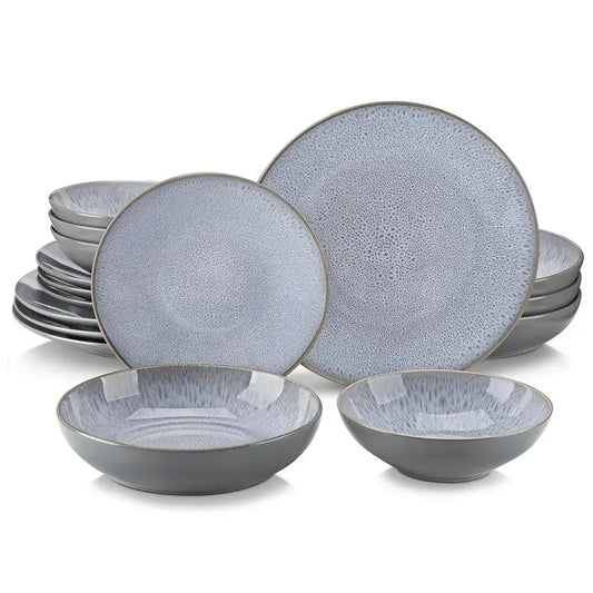 16-Piece Dinnerware Set - Round Plates & Bowls in Green & Grey