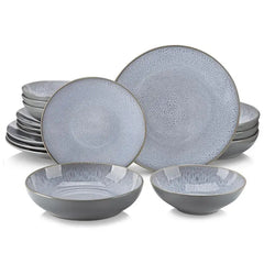 16-Piece Dinnerware Set - Round Plates & Bowls in Green & Grey