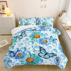 Blue Butterfly and Purple Butterfly Comforter Set Full Size, 3 Pieces Daisy Bedding Set for Girls and Adults, Duvet Cover Sets