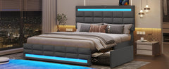 Queen Bed Frame with Drawers, LED Bed Frame with Charging Station, Pu Leather Platform Bed Frame Queen Size with Storage