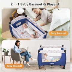 Minikid Baby Playard with Bassinet,Unisex Playpen Include Music Box and Hanging Toys,Portable Crib for Newborn to Toddlers,Blue