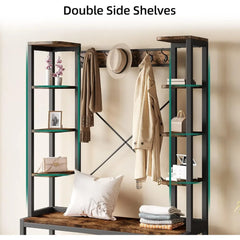 Entryway Hall Tree with Bench and Shoe Storage Shelves, 5-in-1 Coat Rack with Shoe Storage Bench, Industrial Mudroom Be