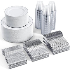 600 Plastic Disposable Tableware Set for 100 Guests, Including 100 Dinner Plates, 100 Salad Plates, 100 Cups, 100 Silverware Set