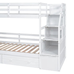Wood Twin Over Twin Bunk Bed with Desk and Slide,Drawers Bookcase and Storage Staircase for Kids, White