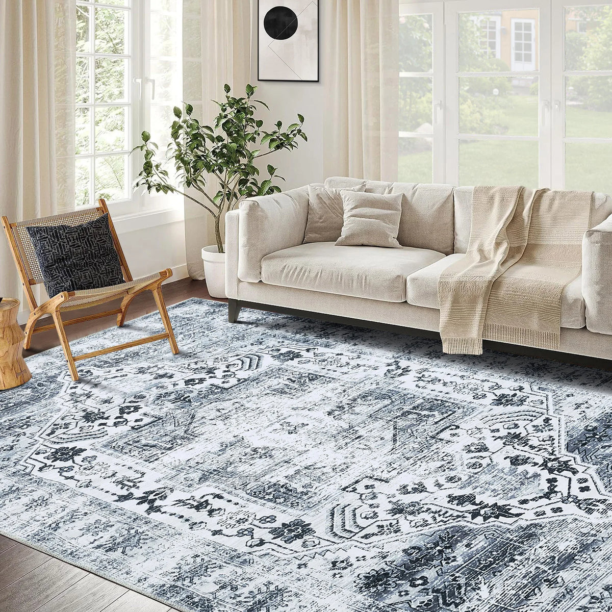 Washable Rug 8x10 Area Rugs Living Room Vintage Large Rug Distressed Retro Rug Neutral Farmhouse Rug Thin Large Rug Indoor Floor