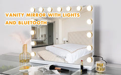 Vanity Mirror with Lights & Bluetooth Speaker, 15 Dimmable Bulbs, Touch Screen, USB Charging, 3 Color Modes