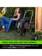 Hose Reel Cart with Wheels Heavy Duty 200 Foot Metal Hose Reel - IHT-2EZ with 3/4-Inch Lawn Sprinkler Stand, Adjustable Metal