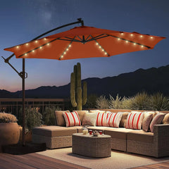 10ft Solar Lights Offset Cantilever Patio Umbrella - with Light and Base, LED Lighted Offset Hanging Patio Outdoor Market