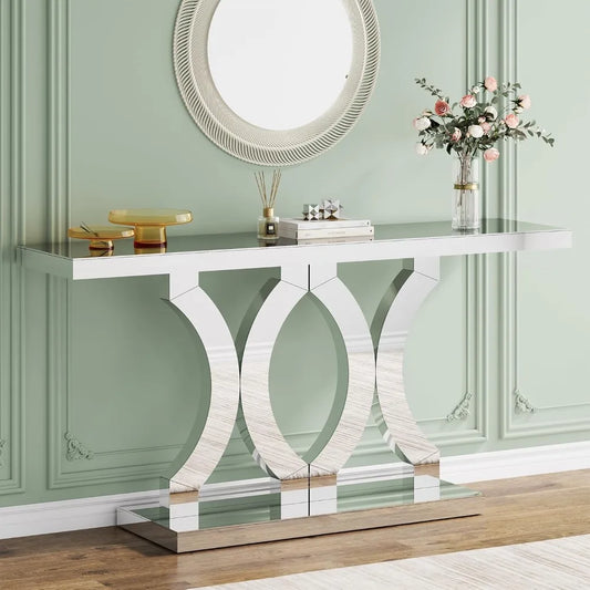 Mirrored Console Table, Entryway Table with Geometric Base, Modern Sofa Table Behind Couch for Living Room, Accent Tab