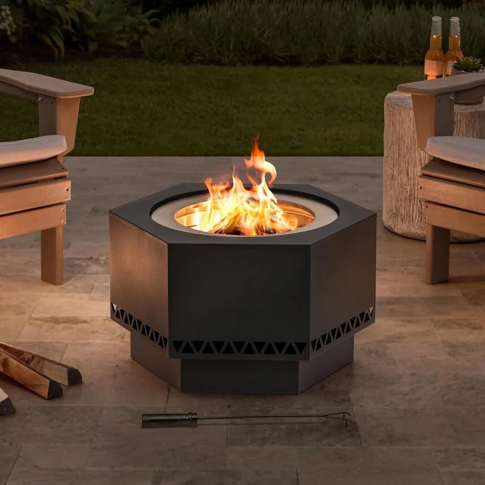 Smoke Free Hexagonal Outdoor Fire Pit with PVC Cover and Fire Rod, Black Terrace Wood Burning, 26 in