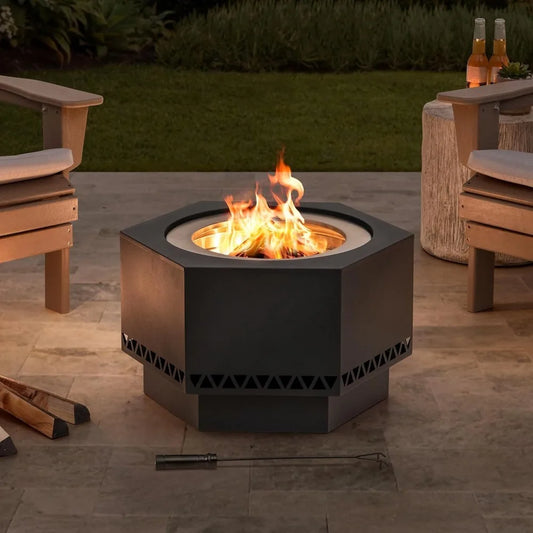 Smoke Free Hexagonal Outdoor Fire Pit with PVC Cover and Fire Rod, Black Terrace Wood Burning, 26 in