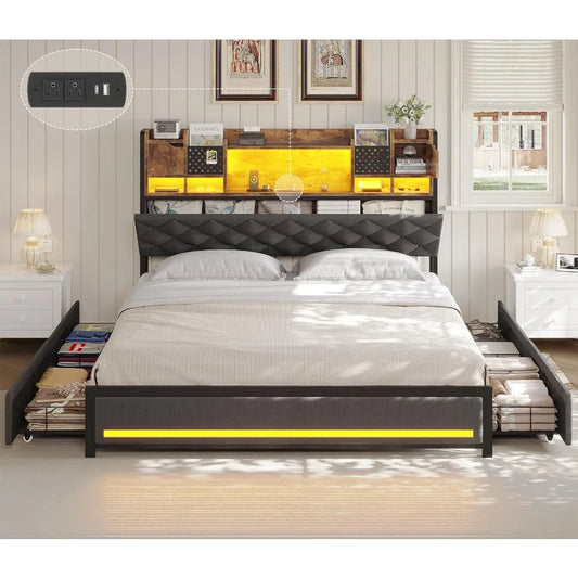 Queen Bed Frame with Headboard and 4 Under-Bed Storage Drawers, Upholstered Bed Frame Queen Size with LED Light and Charging Sta