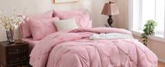DOWNCOOL 7 Pieces King Size Comforter Set, Pink Pintuck Bed in A Bag, Pinch Pleat King Size Bed Set,All Season Bedding Sets with