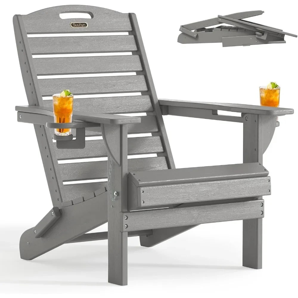 Chair Folding Adirondack Chairs with Cup Holder, Outdoor Fire Pit Chairs All-Weather Lawn Chair for Deck Patio Garden (Grey)