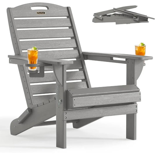 Chair Folding Adirondack Chairs with Cup Holder, Outdoor Fire Pit Chairs All-Weather Lawn Chair for Deck Patio Garden (Grey)