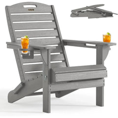 Chair Folding Adirondack Chairs with Cup Holder, Outdoor Fire Pit Chairs All-Weather Lawn Chair for Deck Patio Garden (Grey)
