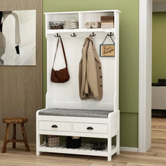 Modern Hall Tree with Storage Bench, 4-in-1 Entryway Bench with Coat Rack, Tall Hall Tree with 4 Metal Double Hooks, Shel