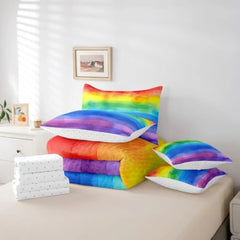 Rainbow Bed in a Bag Queen Comforter Set 7 Piece,Watercolor Stripes Bedding Sets Gradient Tie Dye Striped Sheet Set with Comfo