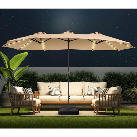 Double Sided Patio Umbrellas - 13ft Solar Lights LED Lighted Outdoor Extra Large Market Table Umbrella with Base Included