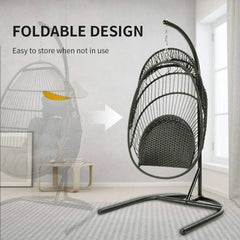 Swing Chair with Stand, Foldable Rattan Wicker Hanging Egg Chair Hammock Chair with Cushion and Pillow for Patio Garden