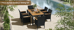 7 Piece Patio Furniture Set, Outdoor Dining Acacia Wood Table Top Rattan Conversation Set with Soft Cushions, 6 Chairs & 1 Table
