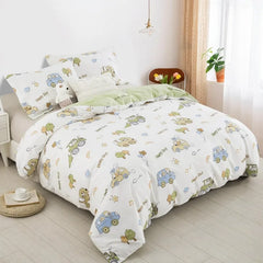 Kids Duvet Cover Set Full Size, Cotton Cartoon Car Truck Bedding Set for Boys Girls, 3 Pieces Soft Breathable White Yellow Plaid