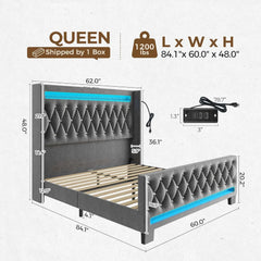 Queen Bed Frame with LED Light and Charging Station, Upholstered High Headboard and Footboard, Wood Slats, Noise Free, Grey