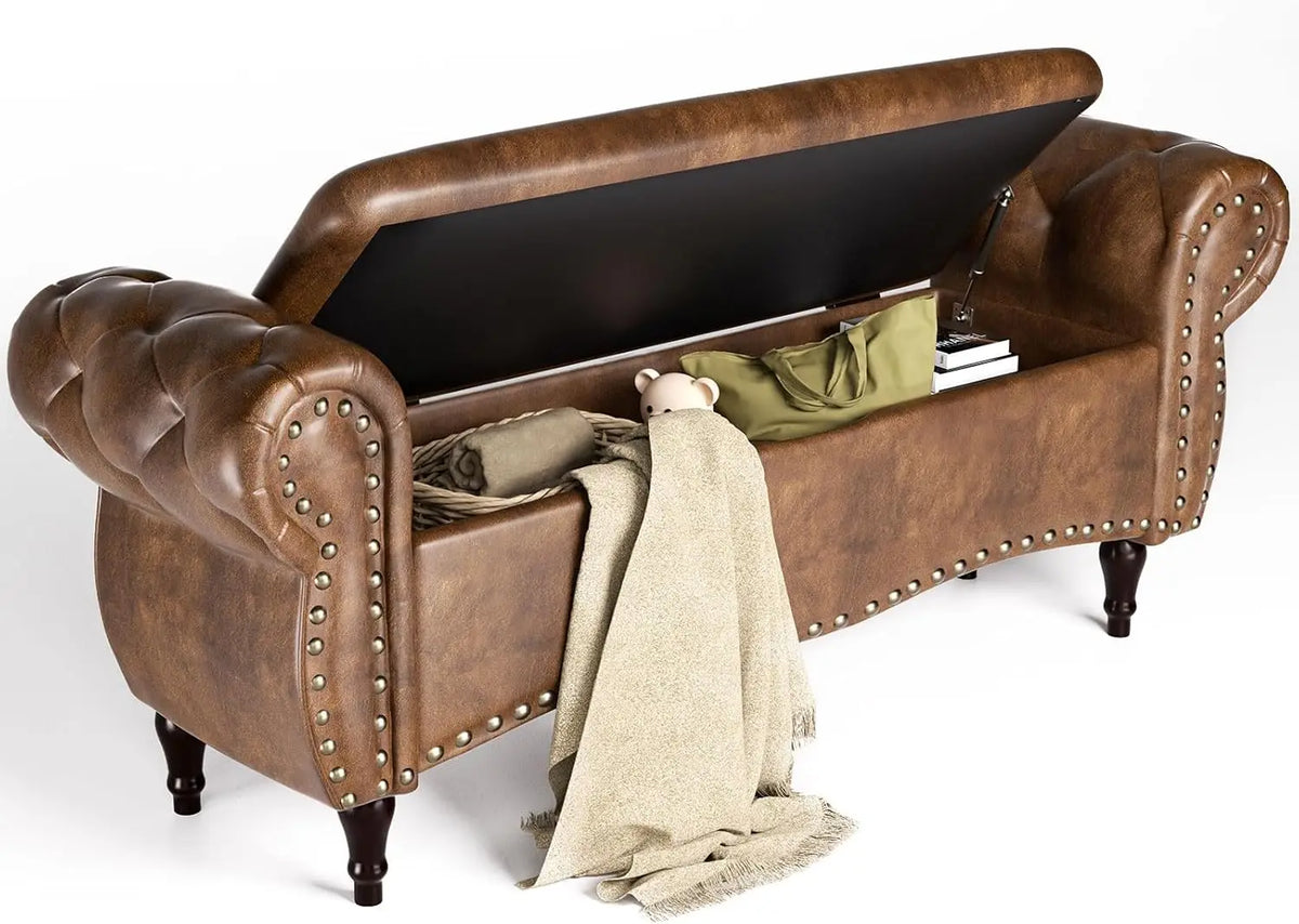 Storage Ottoman Bench, 53" Length Upholstered Benches, Tufted Bed Benches with Rolled Arm and Nailhead Trim, Bench