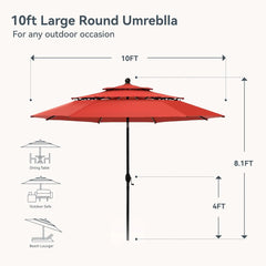 10ft Patio Umbrellas, Outdoor 3 Tier Vented Large Market Table Umbrella with 8 Sturdy Ribs and 1.5" Umbrellla Pole