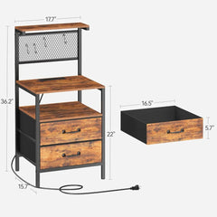 Tall Nightstand with Charging Station and LED Lights, Large Night Stands with Fabric Drawers, Bedside Table with Storage Shelves