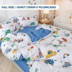 Kids Duvet Cover Set Full Size, Cotton Cartoon Car Truck Bedding Set for Boys Girls, 3 Pieces Soft Breathable White Yellow Plaid