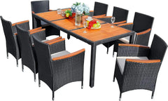 9 Piece Patio Dining Set Outdoor Acacia Wood Table and Chairs with Soft Cushions Wicker Patio Furniture for Deck,Backyard,Garden