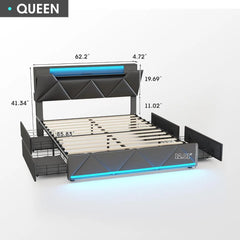 Vabches Queen Bed Frame with Storage Headboard and 4 Drawers,Upholstered Platform with Charging Station and Led Lights,Adjustabl