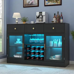 Wine Bar Cabinet with LED Light, Home Coffee Cabinet with Wine and Glass Rack, Kitchen Buffet Sideboard with Storage Drawers & A